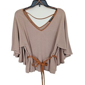 Loose Fit Knit Poncho Style Tunic V-Neck Faux Suede Accents and Tie Lagan Look